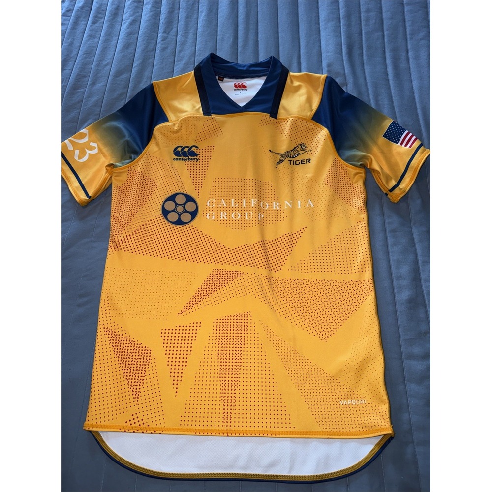 Canterbury Tiger Yellow Blue Graphic V Neck Rugby Jersey Men's Large Stretch